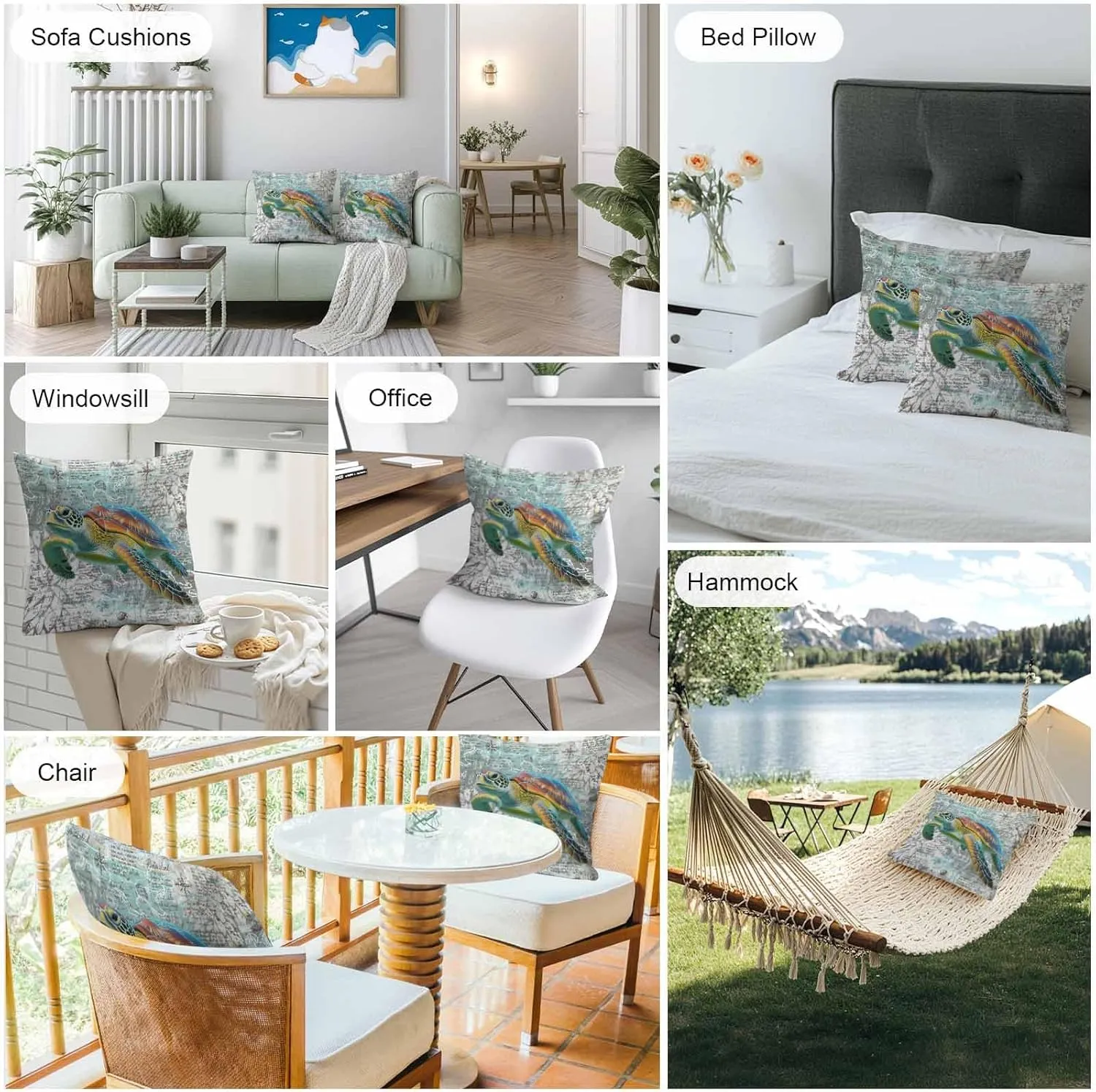 Outdoor Waterproof Pillow Covers Pack of 2, Ocean Sea Turtle Nautical Map Waterproof Throw Pillow Case, Underwater Marine Life Soft Cushion Cases for Patio Tent Balcony Couch Bed Sofa