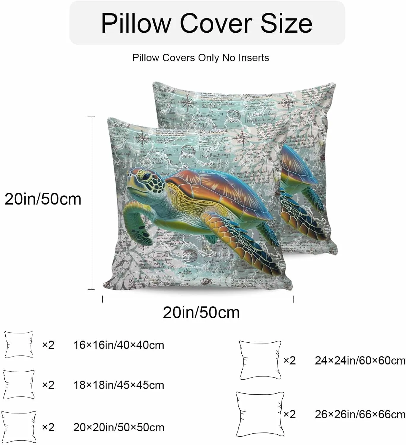 Outdoor Waterproof Pillow Covers Pack of 2, Ocean Sea Turtle Nautical Map Waterproof Throw Pillow Case, Underwater Marine Life Soft Cushion Cases for Patio Tent Balcony Couch Bed Sofa