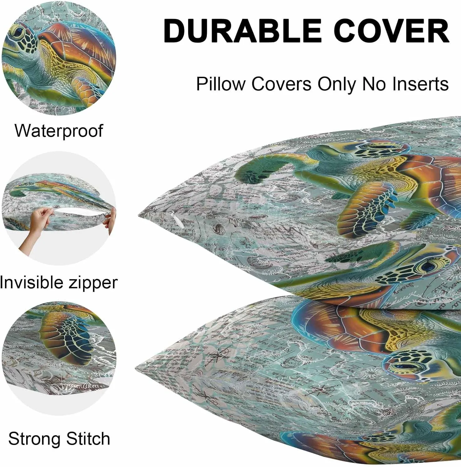 Outdoor Waterproof Pillow Covers Pack of 2, Ocean Sea Turtle Nautical Map Waterproof Throw Pillow Case, Underwater Marine Life Soft Cushion Cases for Patio Tent Balcony Couch Bed Sofa