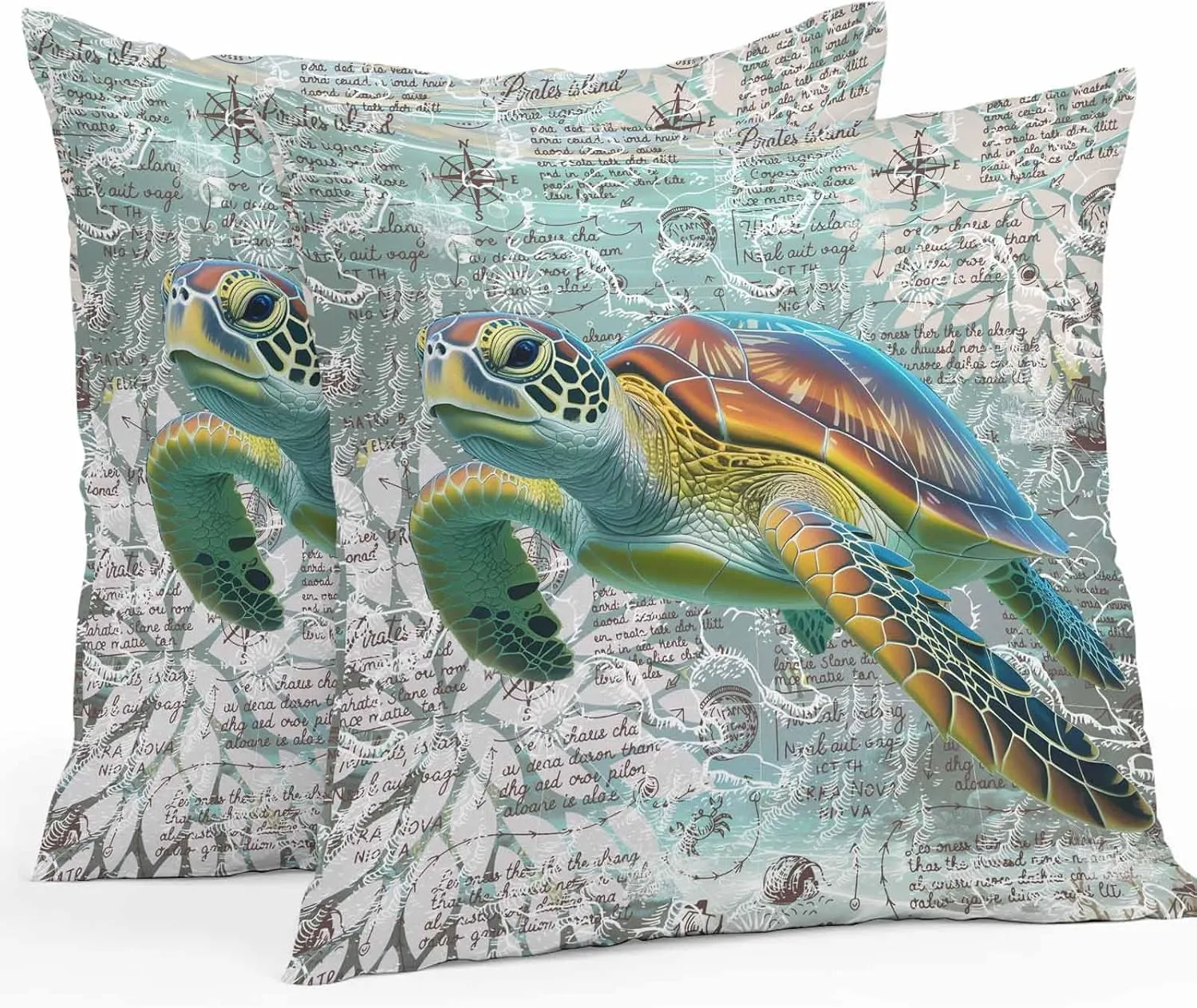 Outdoor Waterproof Pillow Covers Pack of 2, Ocean Sea Turtle Nautical Map Waterproof Throw Pillow Case, Underwater Marine Life Soft Cushion Cases for Patio Tent Balcony Couch Bed Sofa