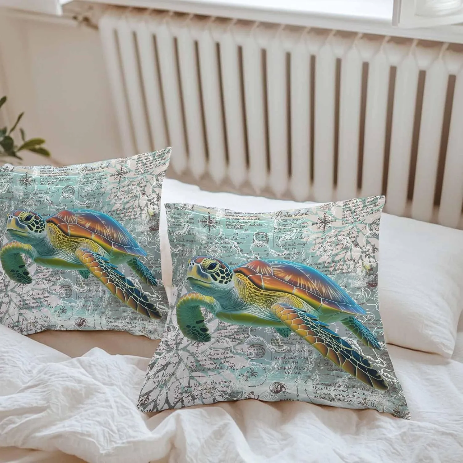 Outdoor Waterproof Pillow Covers Pack of 2, Ocean Sea Turtle Nautical Map Waterproof Throw Pillow Case, Underwater Marine Life Soft Cushion Cases for Patio Tent Balcony Couch Bed Sofa