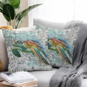 Outdoor Waterproof Pillow Covers Pack of 2, Ocean Sea Turtle Nautical Map Waterproof Throw Pillow Case, Underwater Marine Life Soft Cushion Cases for Patio Tent Balcony Couch Bed Sofa
