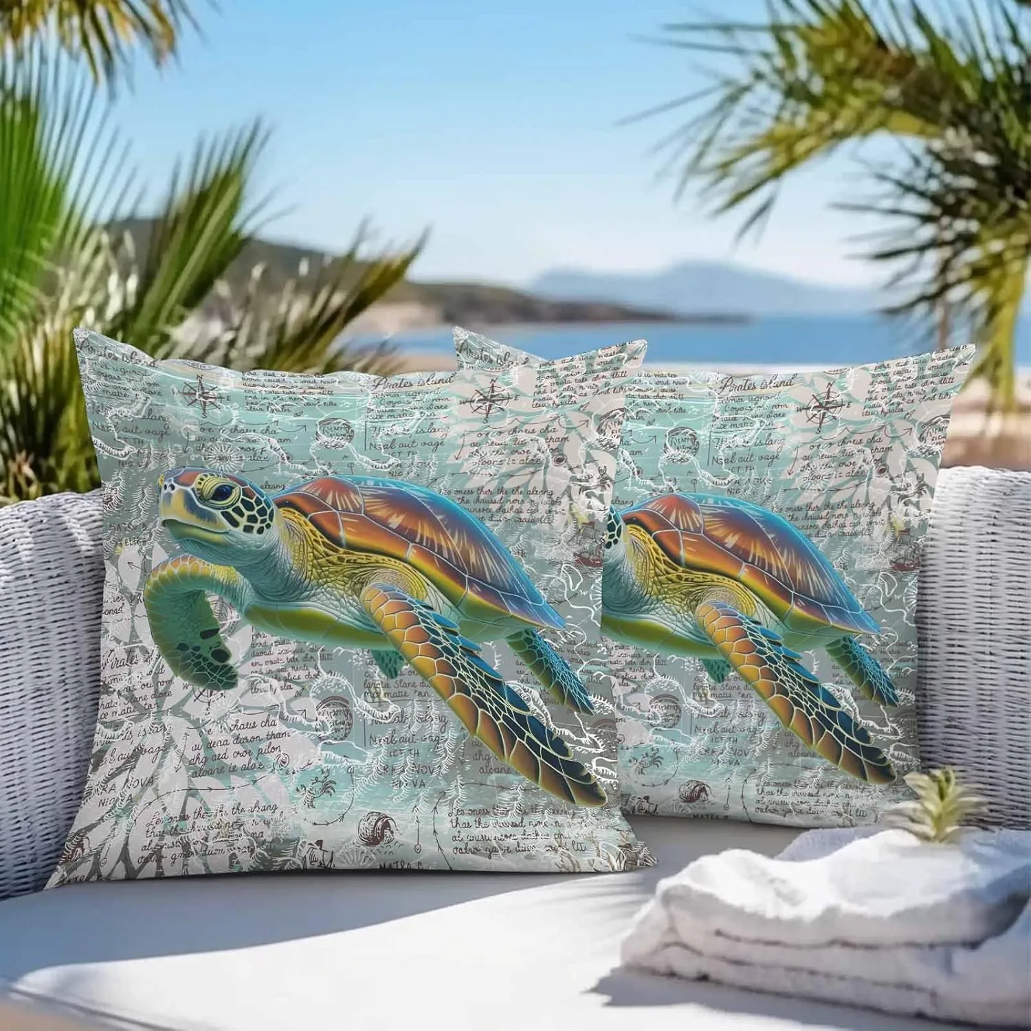 Outdoor Waterproof Pillow Covers Pack of 2, Ocean Sea Turtle Nautical Map Waterproof Throw Pillow Case, Underwater Marine Life Soft Cushion Cases for Patio Tent Balcony Couch Bed Sofa