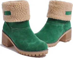 Outfany Seniors' Chunky heel Winter Boots, Outfany Boots, Winter Boots for Women, Comfortable Slip on Mid Chunky Heel Suede Warm Snow Ankle Boots Outdoor Shoes