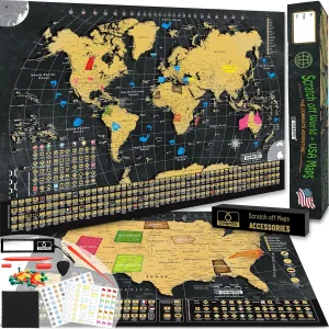 OVANTO Scratch Off World Map & US Map-Durable 17x24” United States Map & World Travel Map with Pins & Accessory Set–Easy to Scratch Off Maps with Colored Details in Name-Tagged Gift Box for Travelers