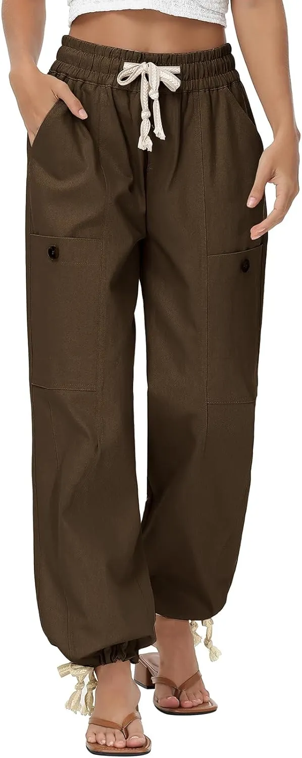 Oymyakon Women's Baggy Cargo Pants with Pockets Y2K Elastic Waist Trousers Cotton Casual Hiking Pants