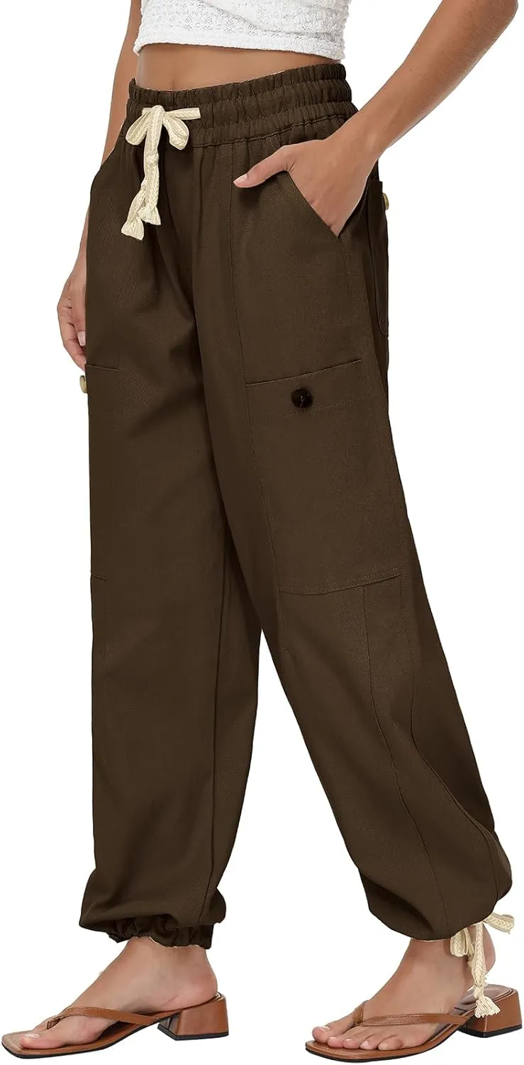 Oymyakon Women's Baggy Cargo Pants with Pockets Y2K Elastic Waist Trousers Cotton Casual Hiking Pants