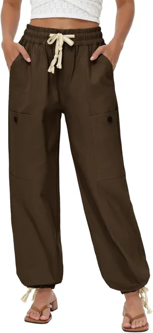 Oymyakon Women's Baggy Cargo Pants with Pockets Y2K Elastic Waist Trousers Cotton Casual Hiking Pants