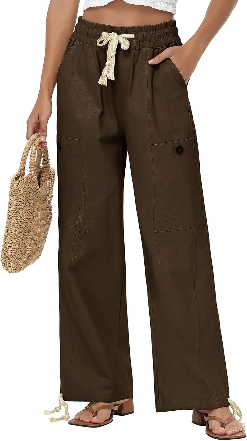 Oymyakon Women's Baggy Cargo Pants with Pockets Y2K Elastic Waist Trousers Cotton Casual Hiking Pants