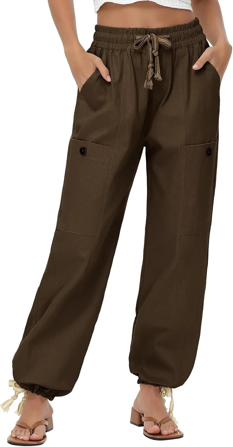 Oymyakon Women's Baggy Cargo Pants with Pockets Y2K Elastic Waist Trousers Cotton Casual Hiking Pants