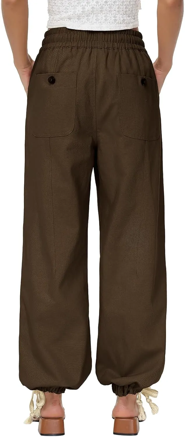 Oymyakon Women's Baggy Cargo Pants with Pockets Y2K Elastic Waist Trousers Cotton Casual Hiking Pants