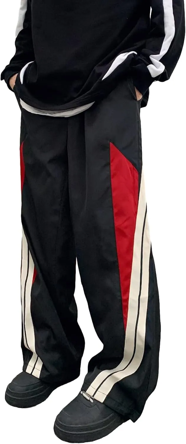 OYOANGLE Men's Colorblock Drawstring Waist Straight Wide Leg Baggy Pants with Pocket