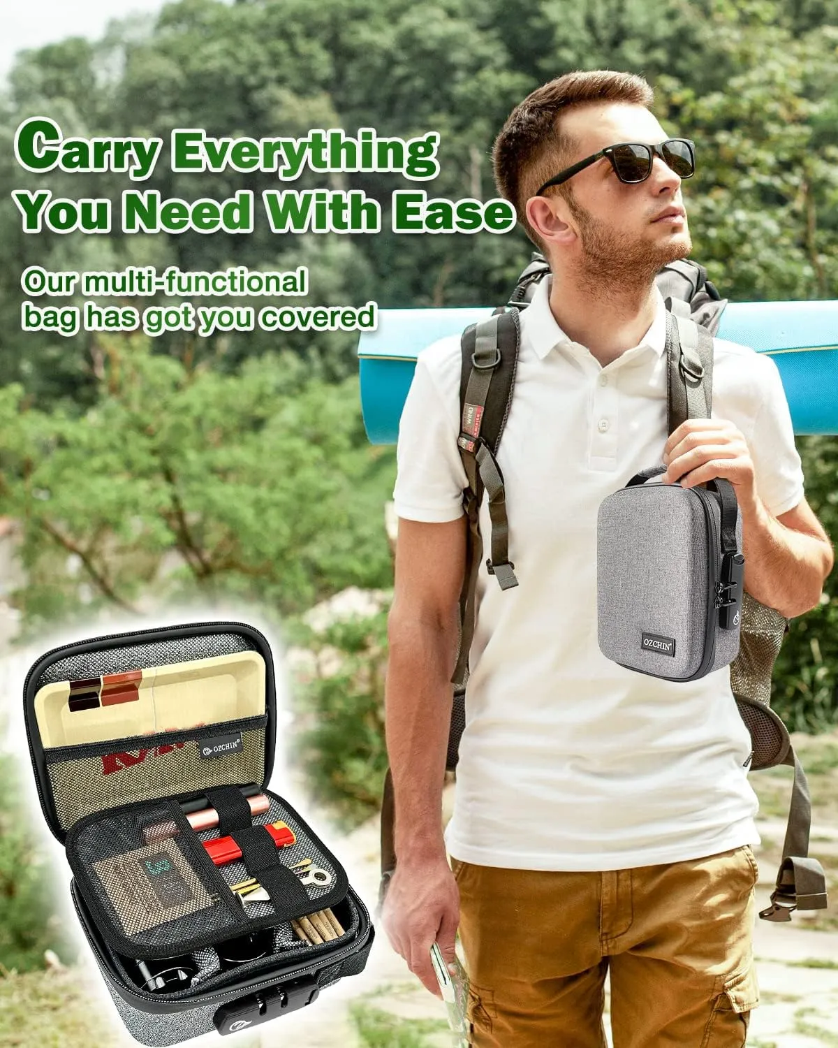 OZCHIN Smell Proof Bag with Combination Lock Shockproof Hard Shell Carrying Case Smoking Tobacco Bag Odorless Pouch Medicine Organizer Case Container Travel Bag (Grey) 8.07" x 6.69" x 3.50"