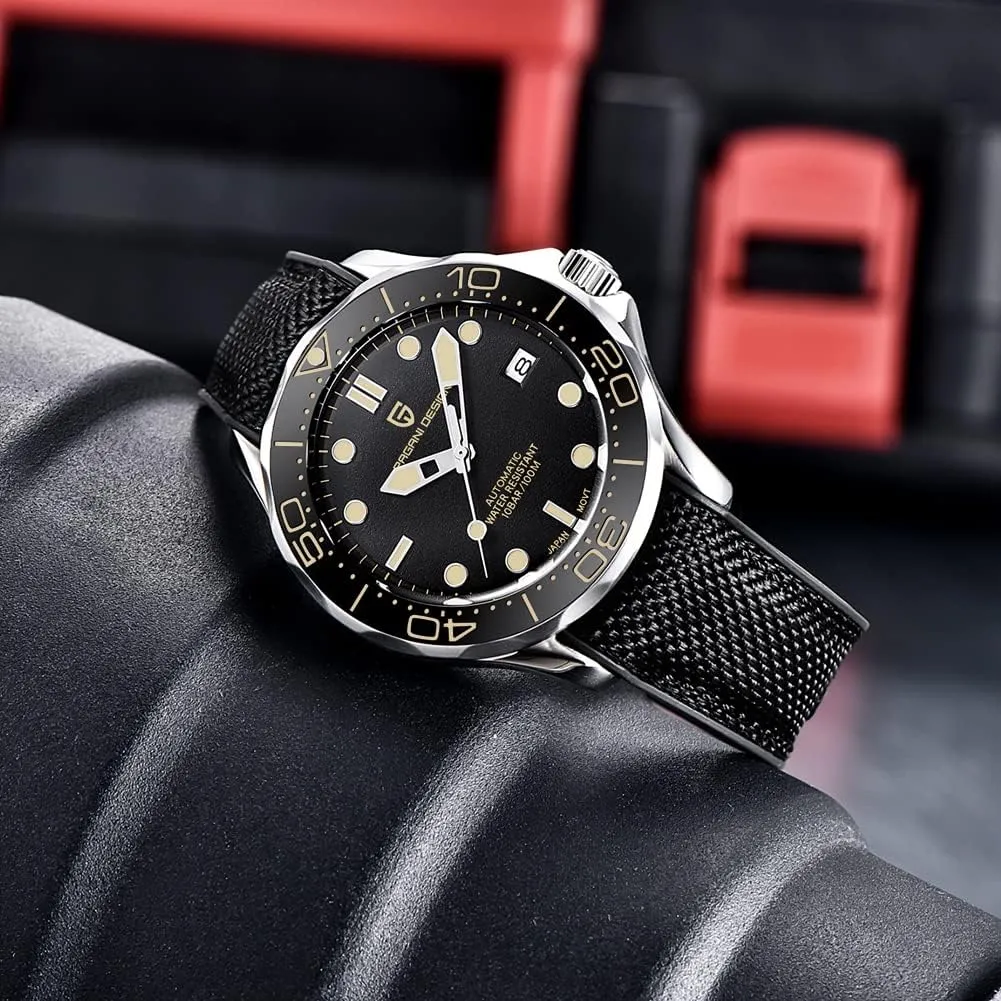 Pagani Design 007-Model Automatic Diving Watches for Men NH35 Movement, Stainless Steel Materials, Rotating Ceramic Bezel, Sapphire Domed Mirror, 100M Waterproof Mechancial Self Winding Wrist Watch