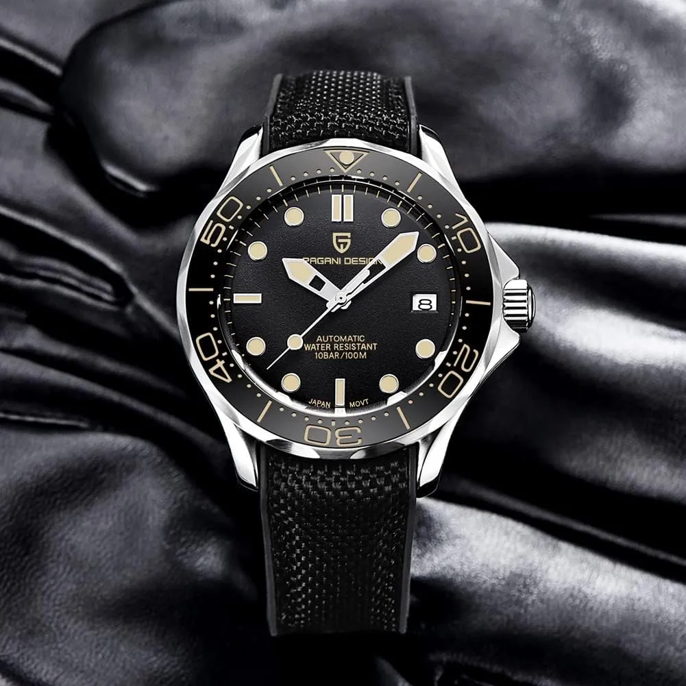 Pagani Design 007-Model Automatic Diving Watches for Men NH35 Movement, Stainless Steel Materials, Rotating Ceramic Bezel, Sapphire Domed Mirror, 100M Waterproof Mechancial Self Winding Wrist Watch
