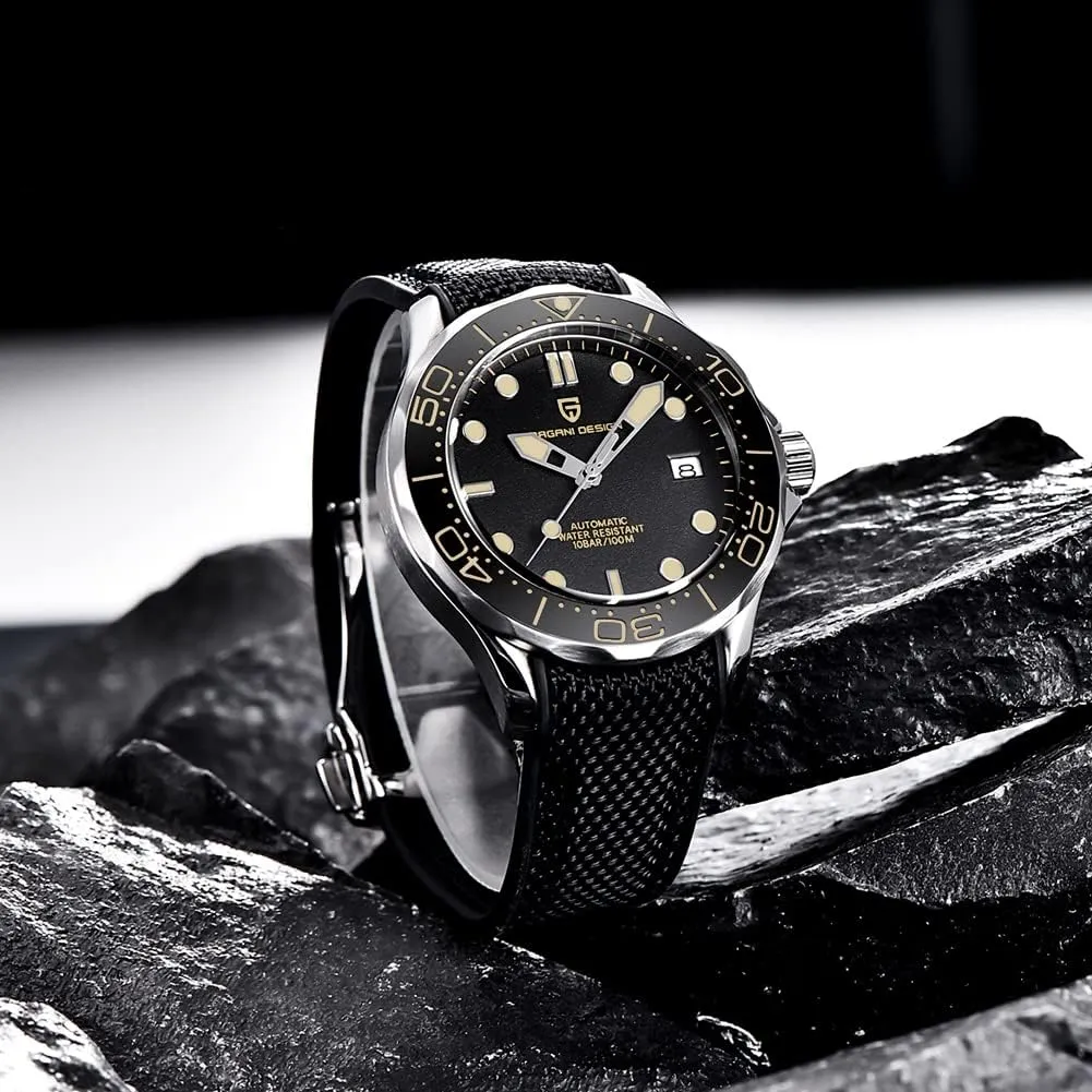 Pagani Design 007-Model Automatic Diving Watches for Men NH35 Movement, Stainless Steel Materials, Rotating Ceramic Bezel, Sapphire Domed Mirror, 100M Waterproof Mechancial Self Winding Wrist Watch