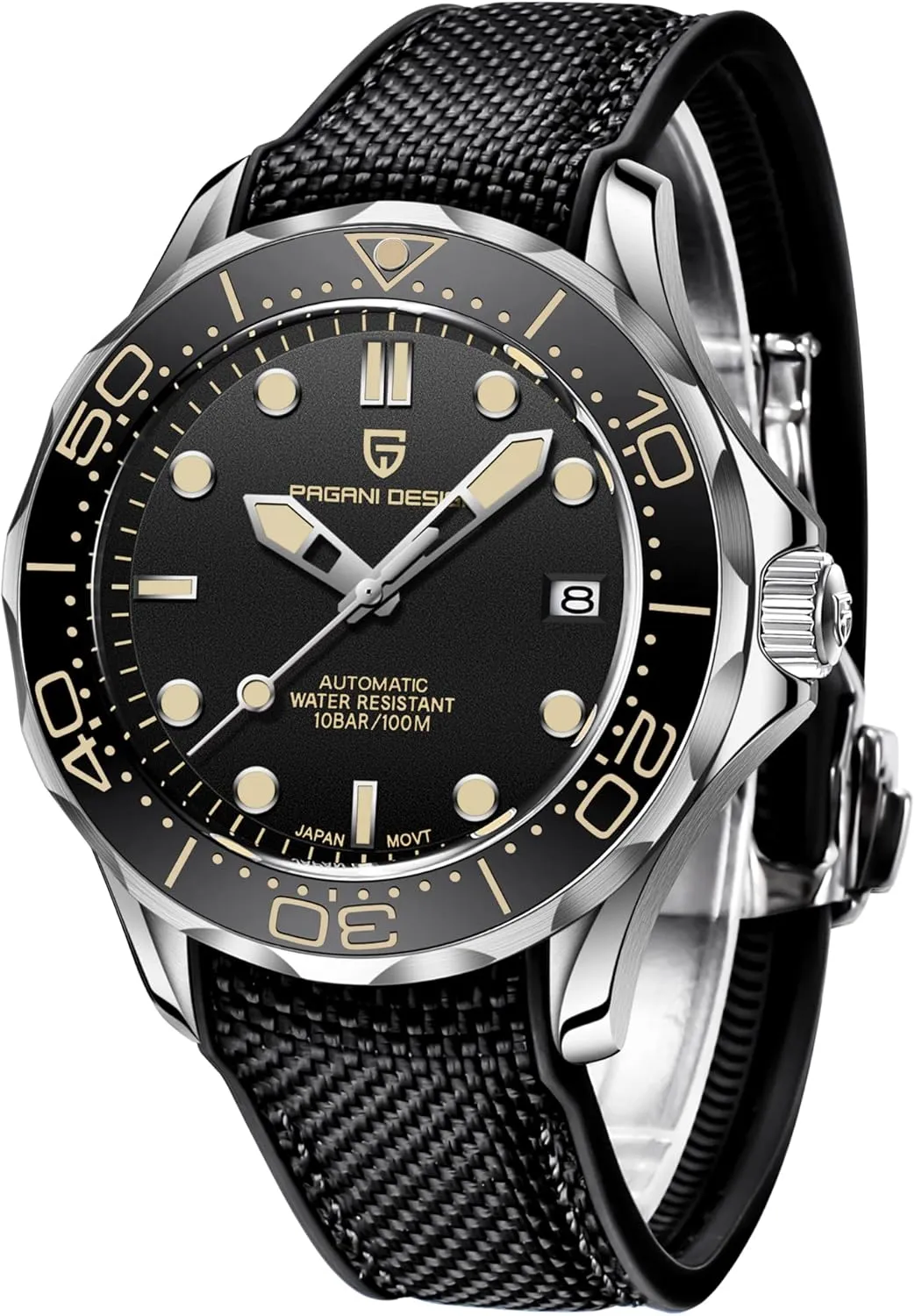 Pagani Design 007-Model Automatic Diving Watches for Men NH35 Movement, Stainless Steel Materials, Rotating Ceramic Bezel, Sapphire Domed Mirror, 100M Waterproof Mechancial Self Winding Wrist Watch