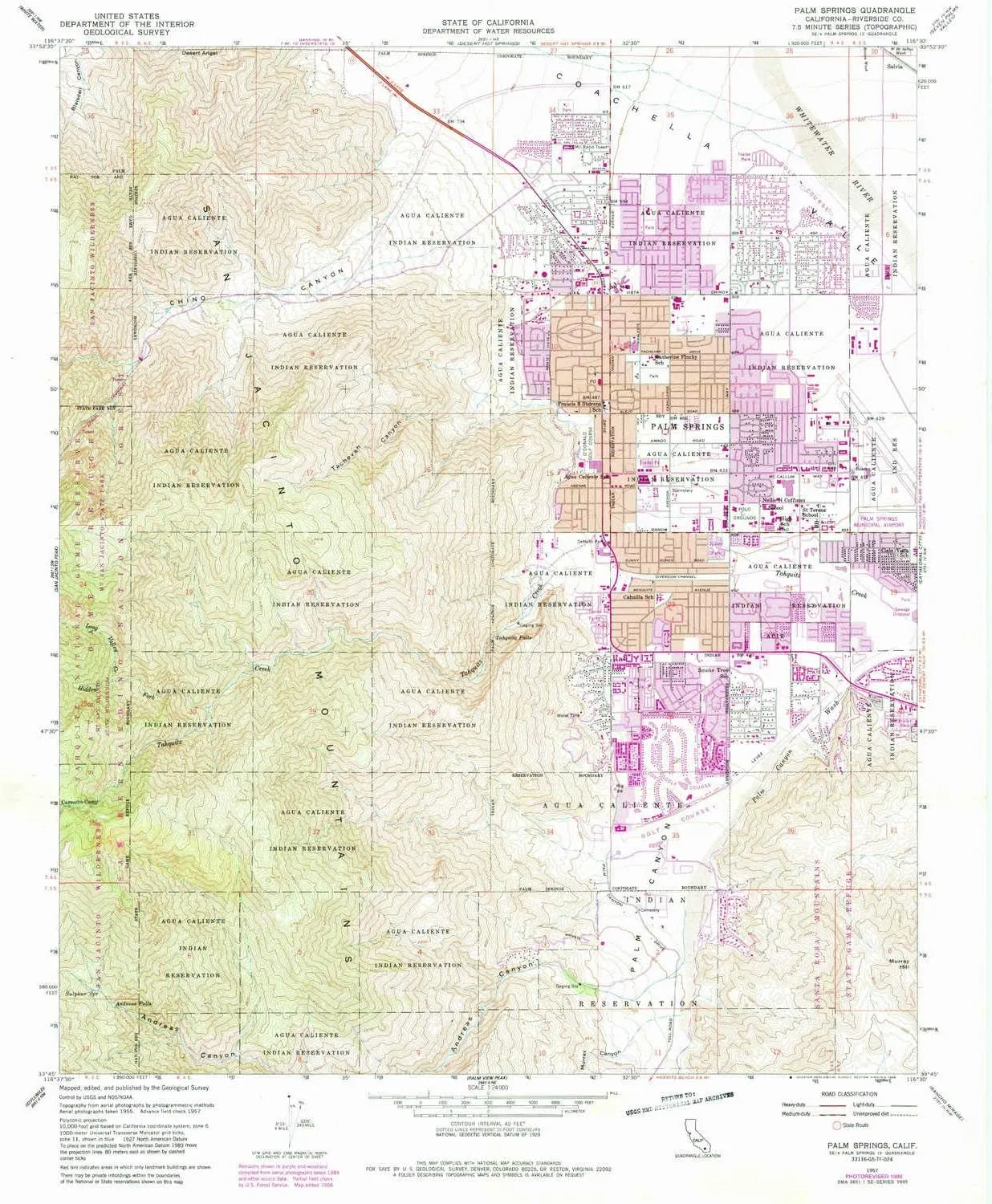 Palm Springs CA topo map, 1:24000 Scale, 7.5 X 7.5 Minute, Historical, 1957, Updated 1988, 26.7 x 22 in