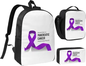 Pancreatic Cancer Awareness Backpack Set Lightweight Laptop Backpack Lunch Bag with Pencil Case for Women Men Travel Work