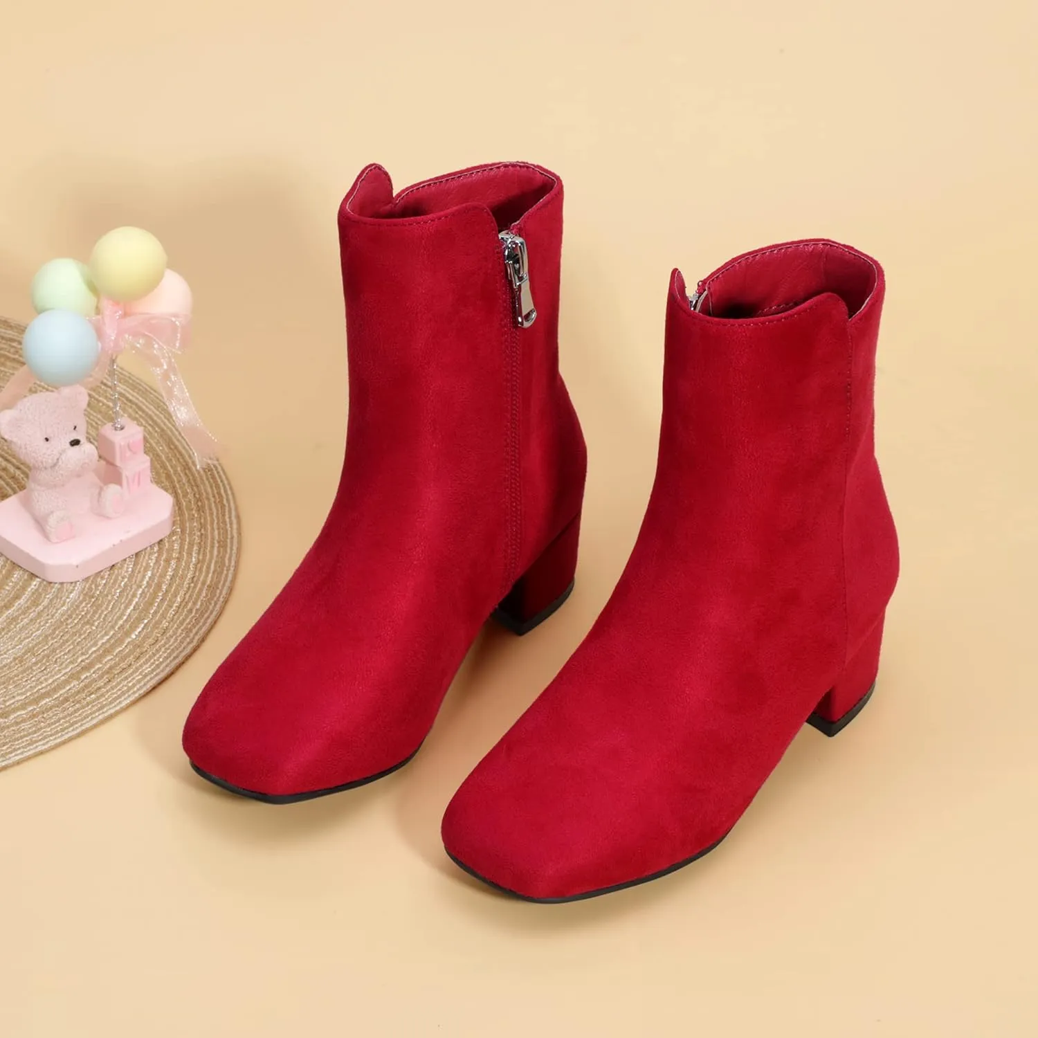 PANDANINJIA Alyssa Girls Fashion Boots Square-Toe Dress Boots Low Heel Ankle Booties with Zipper for Toddler Little Kids Big Kids