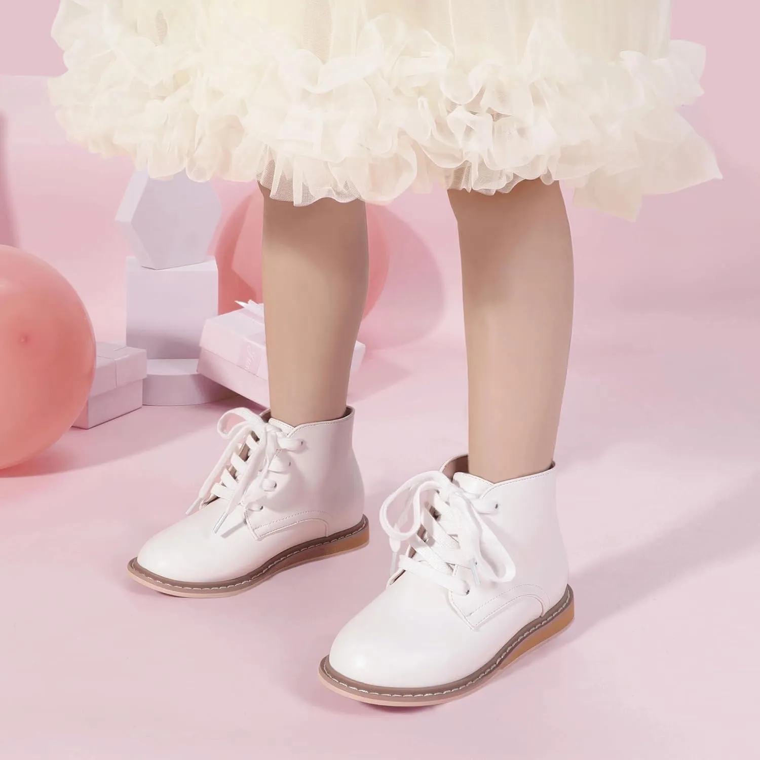 PANDANINJIA Toddler Girls Boots Kids Fashion Spring Fall Short Ankle Booties Comfort Lace Up Girl Flats Dress Shoes