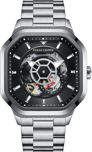 Paras Crown Automatic Watches for Men Mechanical Watch Stainless Case 50M Waterproof Fashion Luxury Wrist Watches for Men Stainless Steel Strap