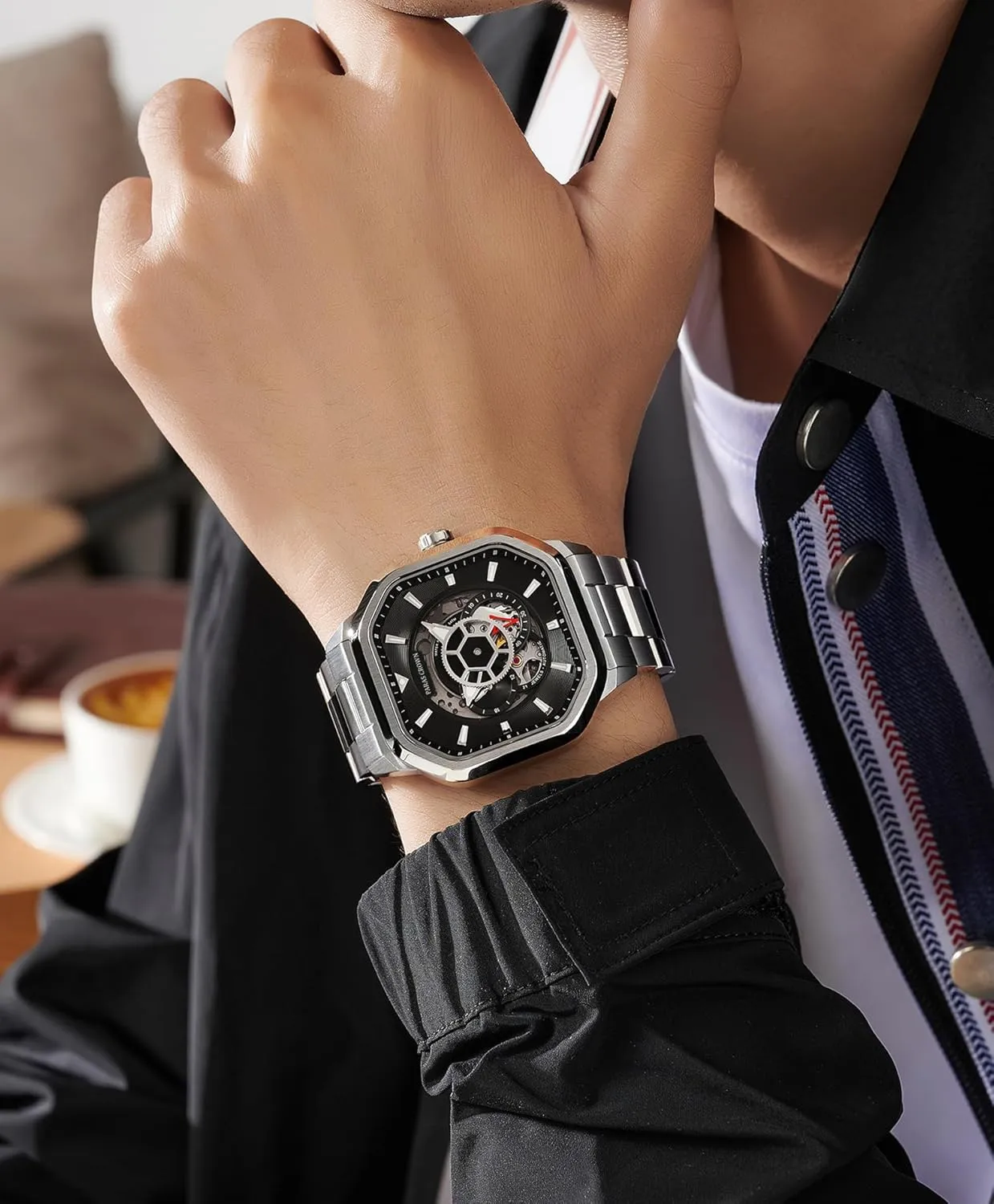 Paras Crown Automatic Watches for Men Mechanical Watch Stainless Case 50M Waterproof Fashion Luxury Wrist Watches for Men Stainless Steel Strap