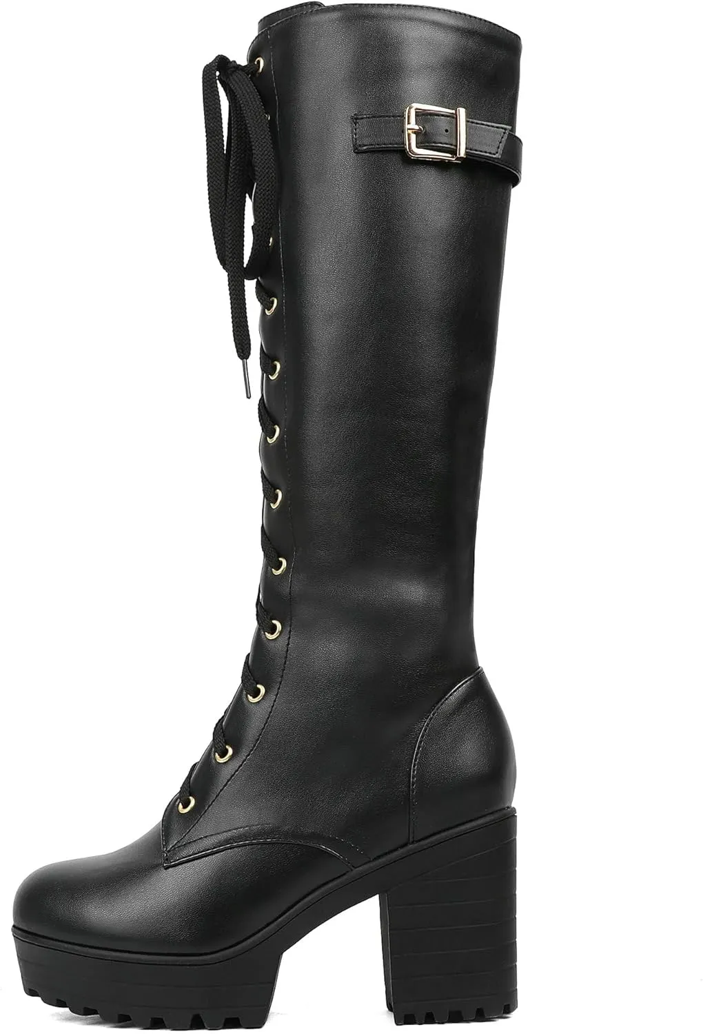 Parisuit Women's Knee High Goth Platform Buckle Boots Chunky High Heel Lace Up Punk Combat Boots with Chain
