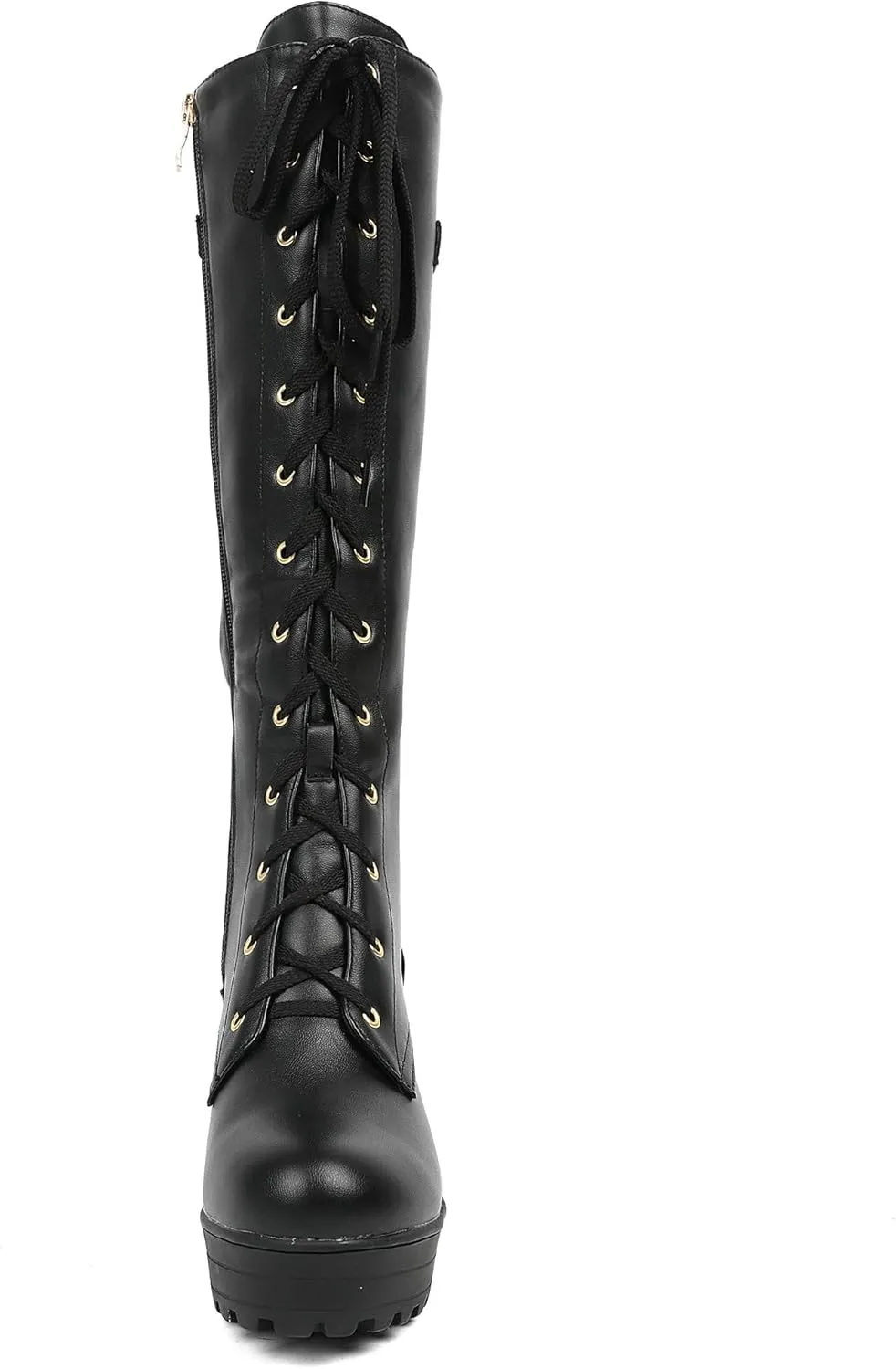 Parisuit Women's Knee High Goth Platform Buckle Boots Chunky High Heel Lace Up Punk Combat Boots with Chain