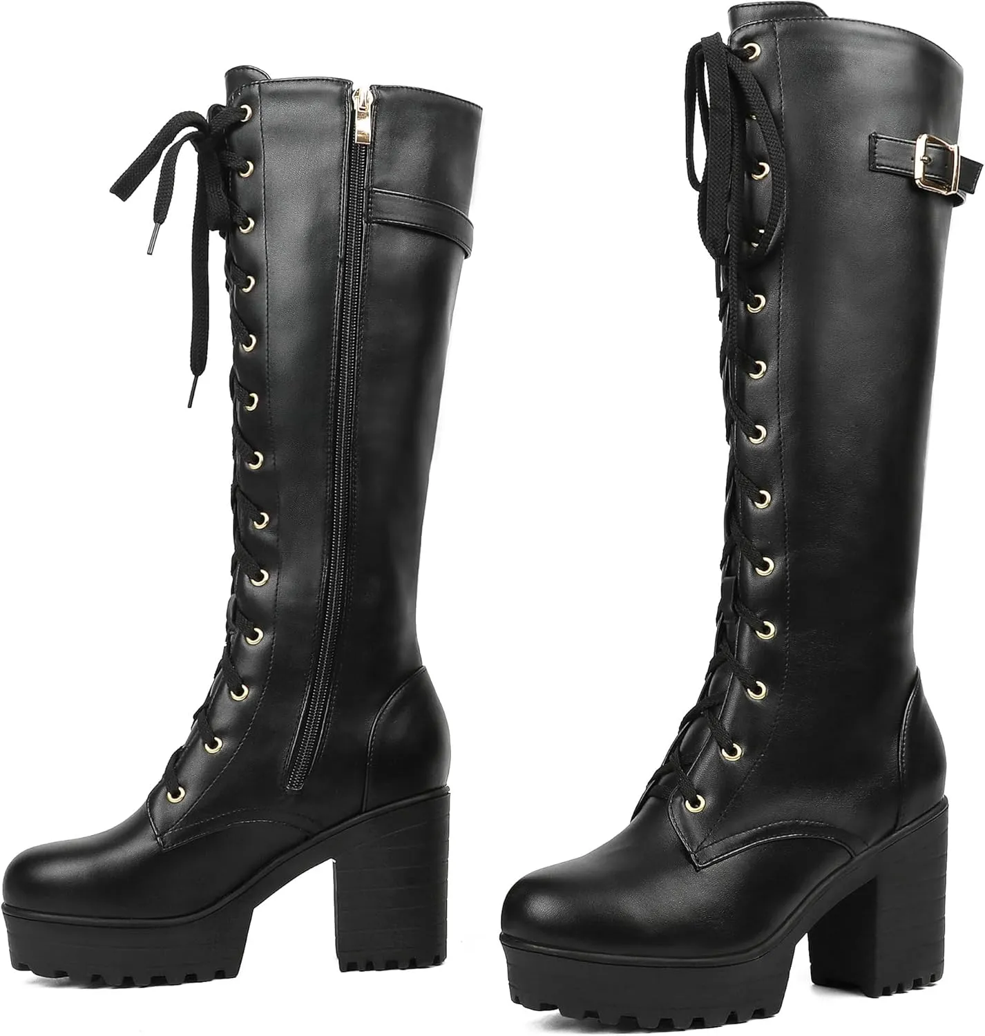 Parisuit Women's Knee High Goth Platform Buckle Boots Chunky High Heel Lace Up Punk Combat Boots with Chain