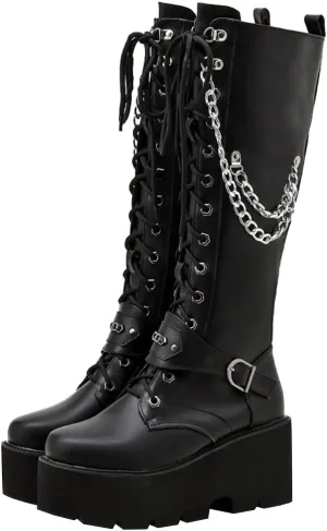 Parisuit Women's Knee High Goth Platform Buckle Boots Chunky High Heel Lace Up Punk Combat Boots with Chain