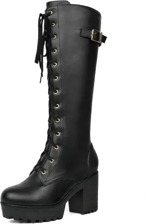 Parisuit Women's Knee High Goth Platform Buckle Boots Chunky High Heel Lace Up Punk Combat Boots with Chain