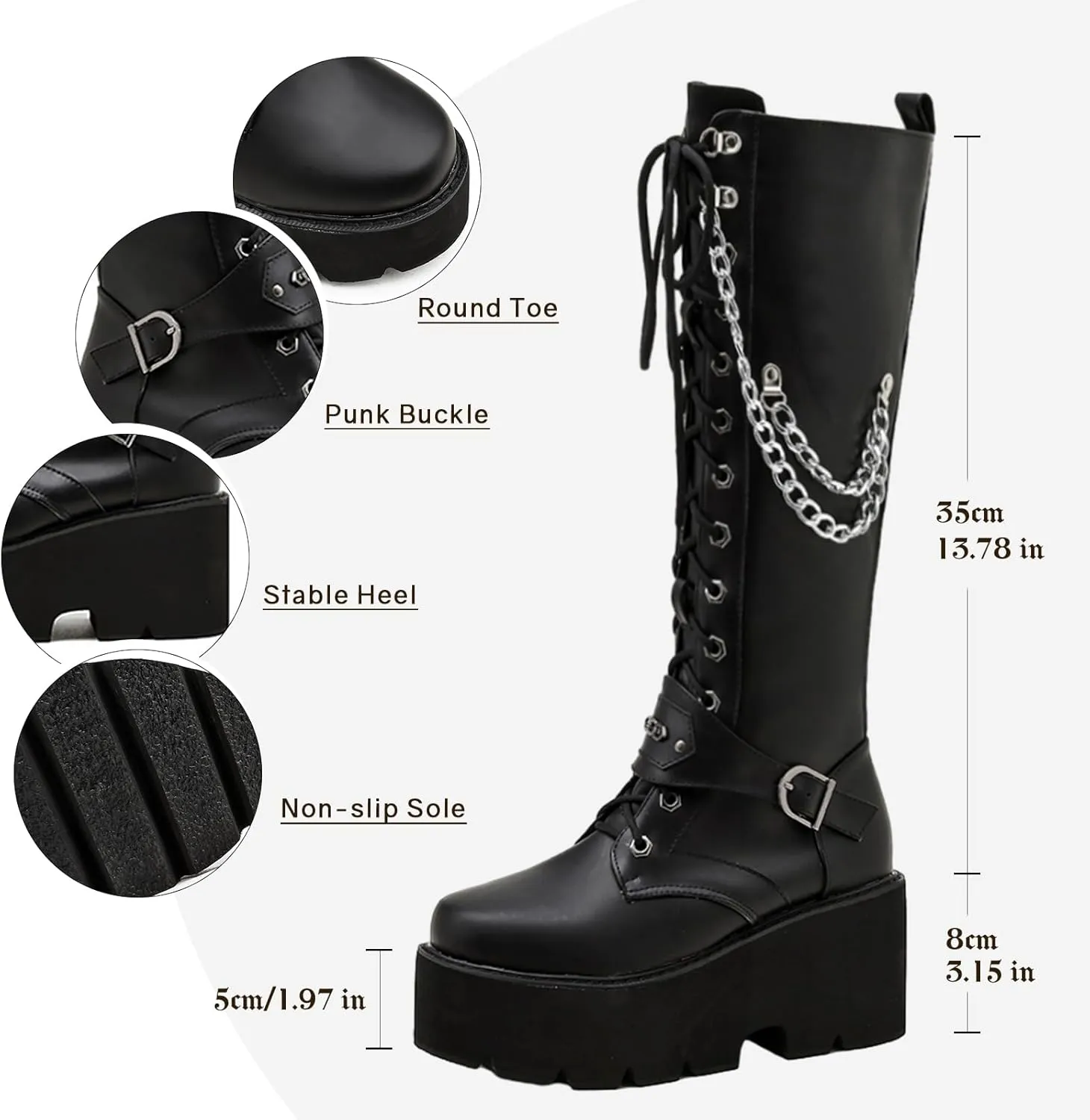Parisuit Women's Knee High Goth Platform Buckle Boots Chunky High Heel Lace Up Punk Combat Boots with Chain