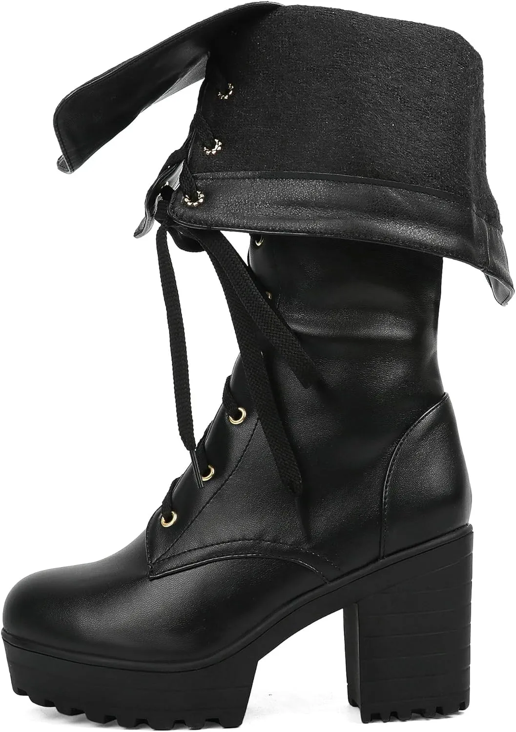 Parisuit Women's Knee High Goth Platform Buckle Boots Chunky High Heel Lace Up Punk Combat Boots with Chain