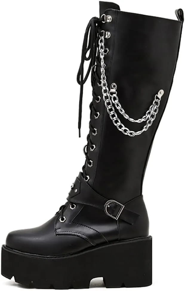 Parisuit Women's Knee High Goth Platform Buckle Boots Chunky High Heel Lace Up Punk Combat Boots with Chain
