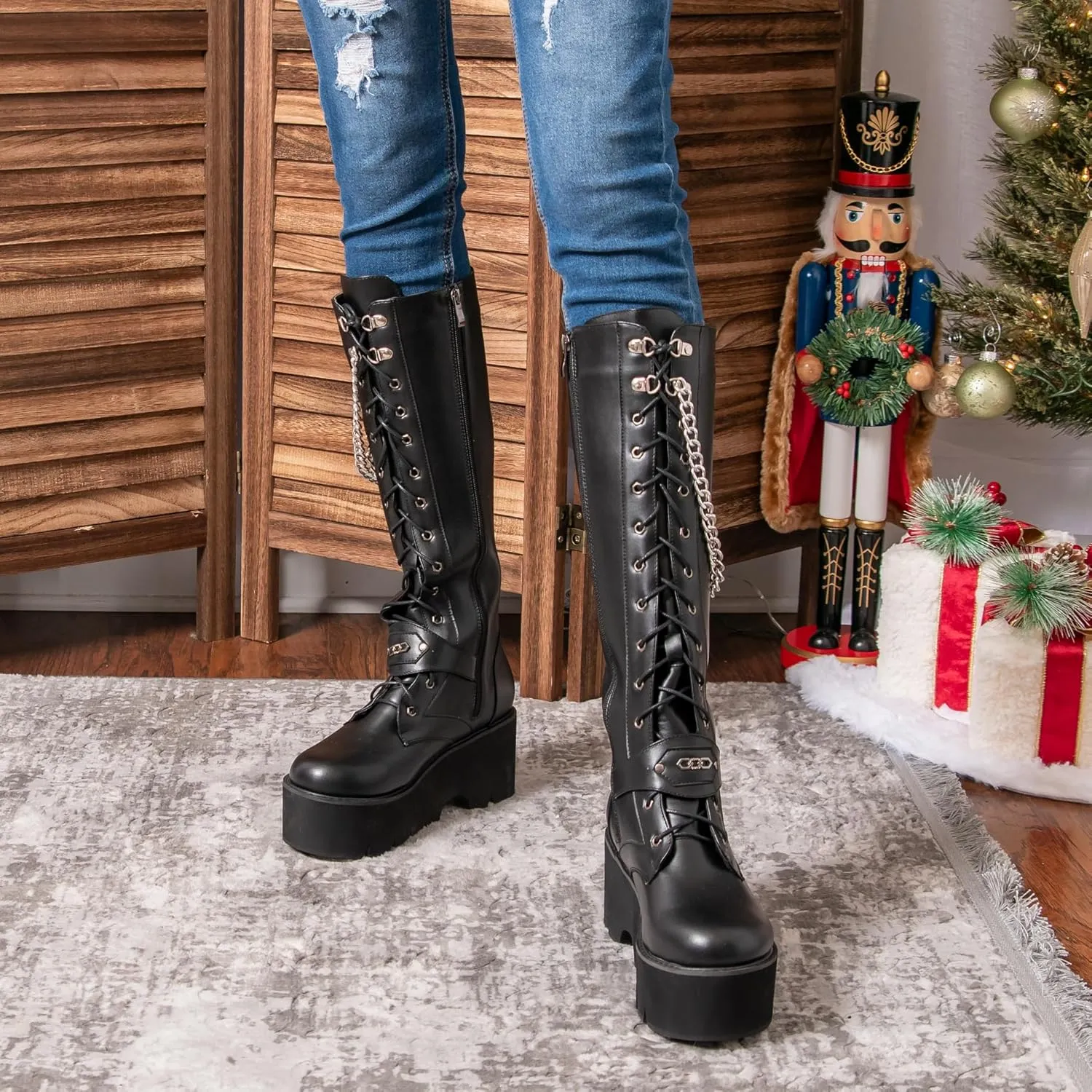 Parisuit Women's Knee High Goth Platform Buckle Boots Chunky High Heel Lace Up Punk Combat Boots with Chain