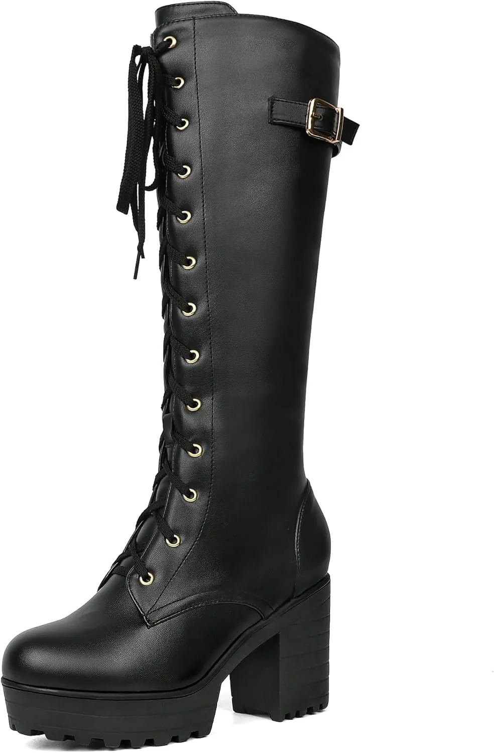 Parisuit Women's Knee High Goth Platform Buckle Boots Chunky High Heel Lace Up Punk Combat Boots with Chain