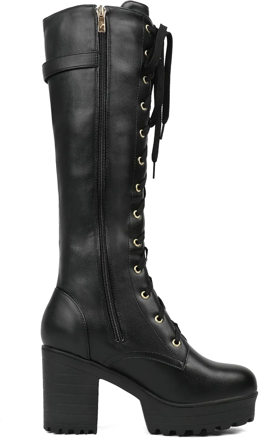 Parisuit Women's Knee High Goth Platform Buckle Boots Chunky High Heel Lace Up Punk Combat Boots with Chain