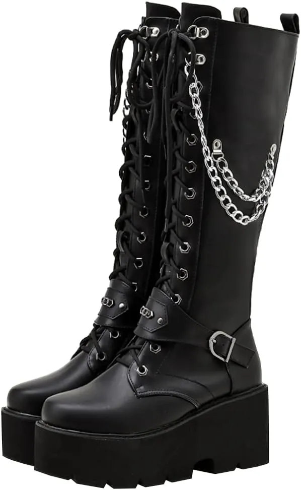 Parisuit Women's Knee High Goth Platform Buckle Boots Chunky High Heel Lace Up Punk Combat Boots with Chain