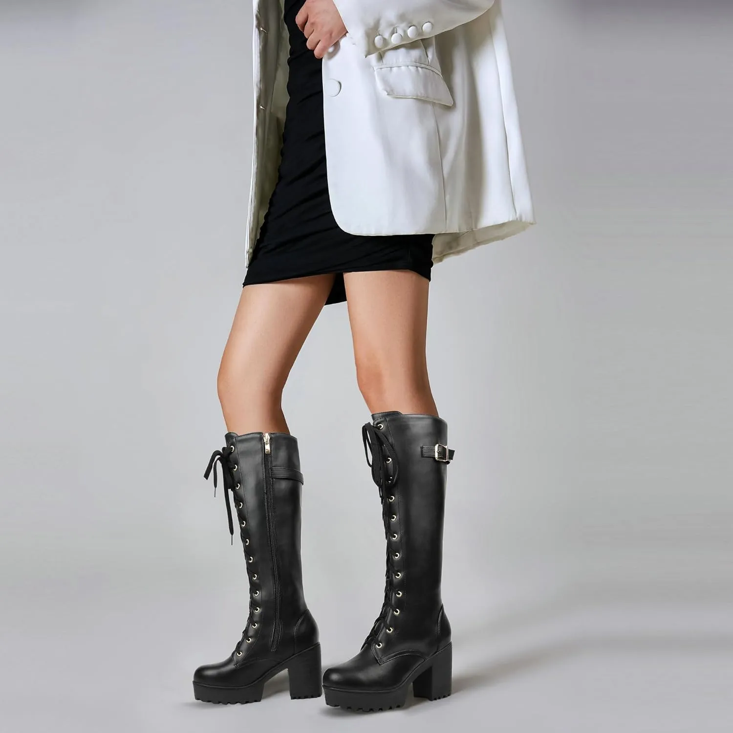 Parisuit Women's Knee High Goth Platform Buckle Boots Chunky High Heel Lace Up Punk Combat Boots with Chain
