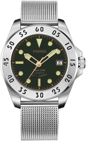 Parnis 43mm Green Dial Self-Winding Movement Men's Watch Stainless Steel Mesh Band 100M Waterproof -545
