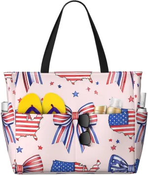Patriotic Bows And Map Print 28L Large Beach Tote Bag, 7 Pockets Waterproof Travel Shoulder Bag, Gym Oversized Tote
