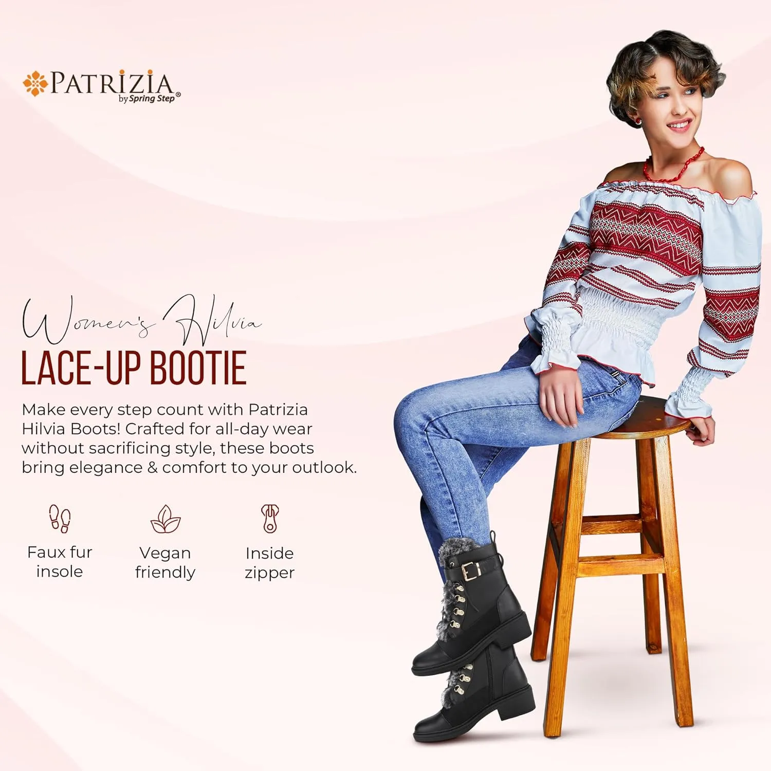 PATRIZIA Hilvia Women's High Heel Lace-Up Combat Boots with Faux Fur & Zipper
