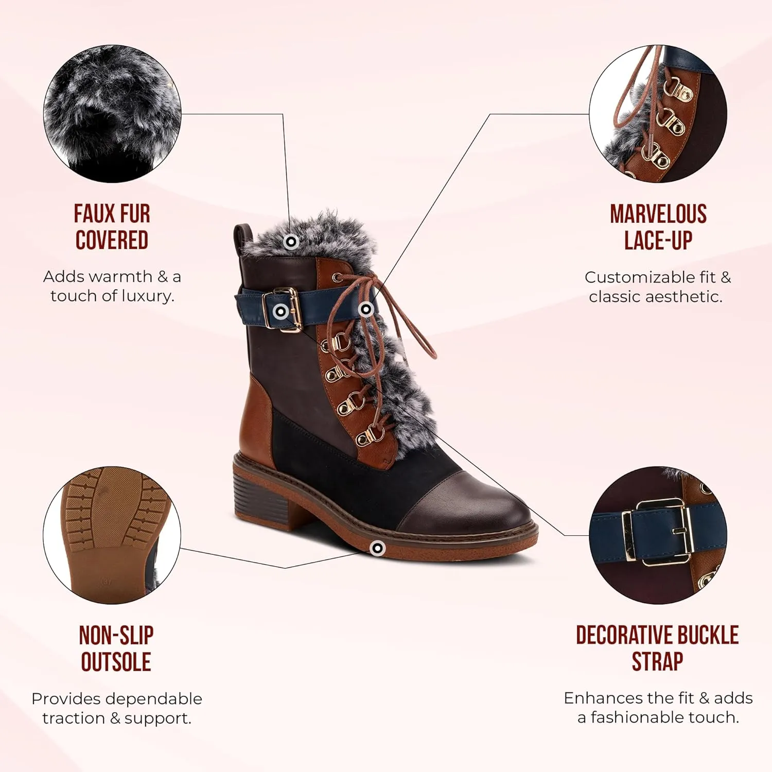 PATRIZIA Hilvia Women's High Heel Lace-Up Combat Boots with Faux Fur & Zipper