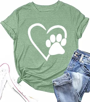 Paw Love Shirt Dog Lover Shirts for Women Paw Print Heart Tee Shirt Cute Dog Mom Short Sleeve Tee Tops