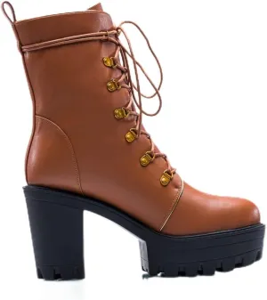 Peculiarity Women’s Chunky Heel Platform Boots – Size 14 – Brown – Lace-Up Mid-Ankle Boots for Extended Sizes 10-15 – Stylish & Comfortable Year-Round/Fall/Winter Boots