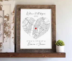 Personalized Couples Map - 'Where We Met' & 'Where It Began', First Date Memory, Black & White Custom Map for Him & Her