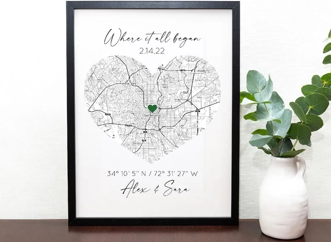 Personalized Couples Map - 'Where We Met' & 'Where It Began', First Date Memory, Black & White Custom Map for Him & Her