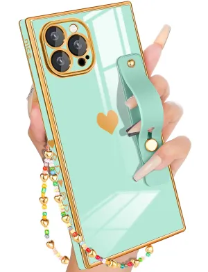 Petitian for iPhone 12 Pro Max Case with Stand/String Luxury Cute Women Girls Heart Electroplated Designer Phone Cases for 12 Pro Max Mint Green