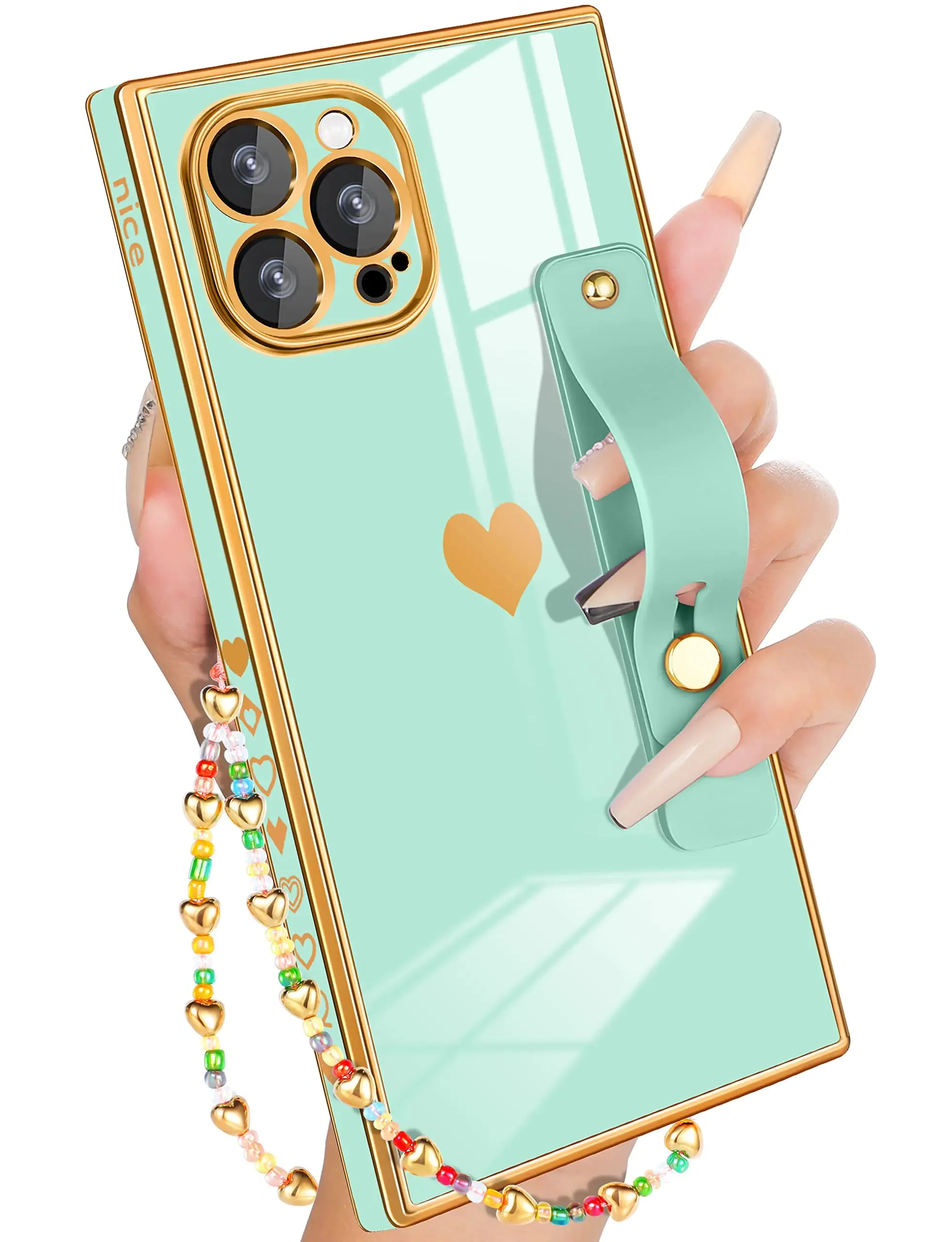 Petitian for iPhone 12 Pro Max Case with Stand/String Luxury Cute Women Girls Heart Electroplated Designer Phone Cases for 12 Pro Max Mint Green